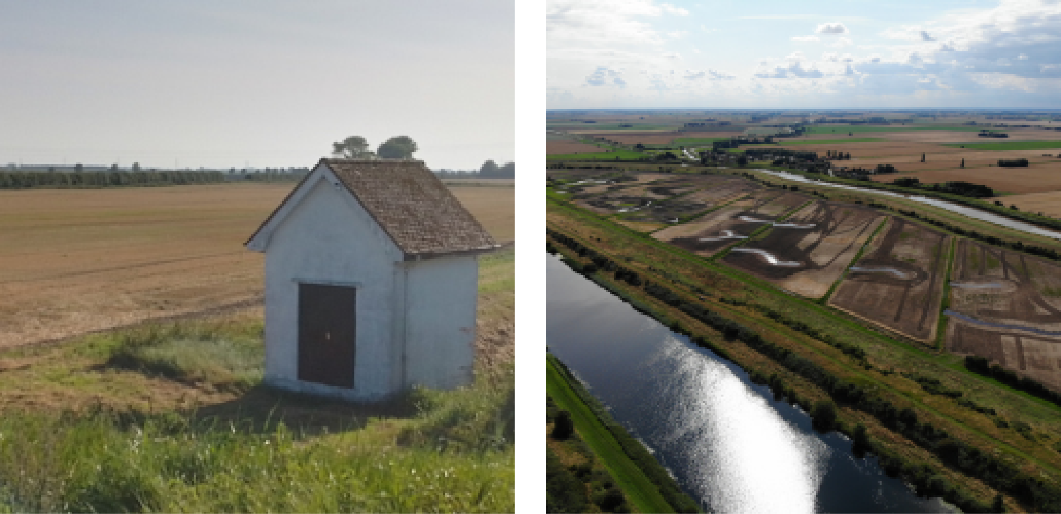 Images fro Ouse Bridge Farm. One of a shed in a field, one from overhead of a wet irrigated field, pastures, and a river cutting across.